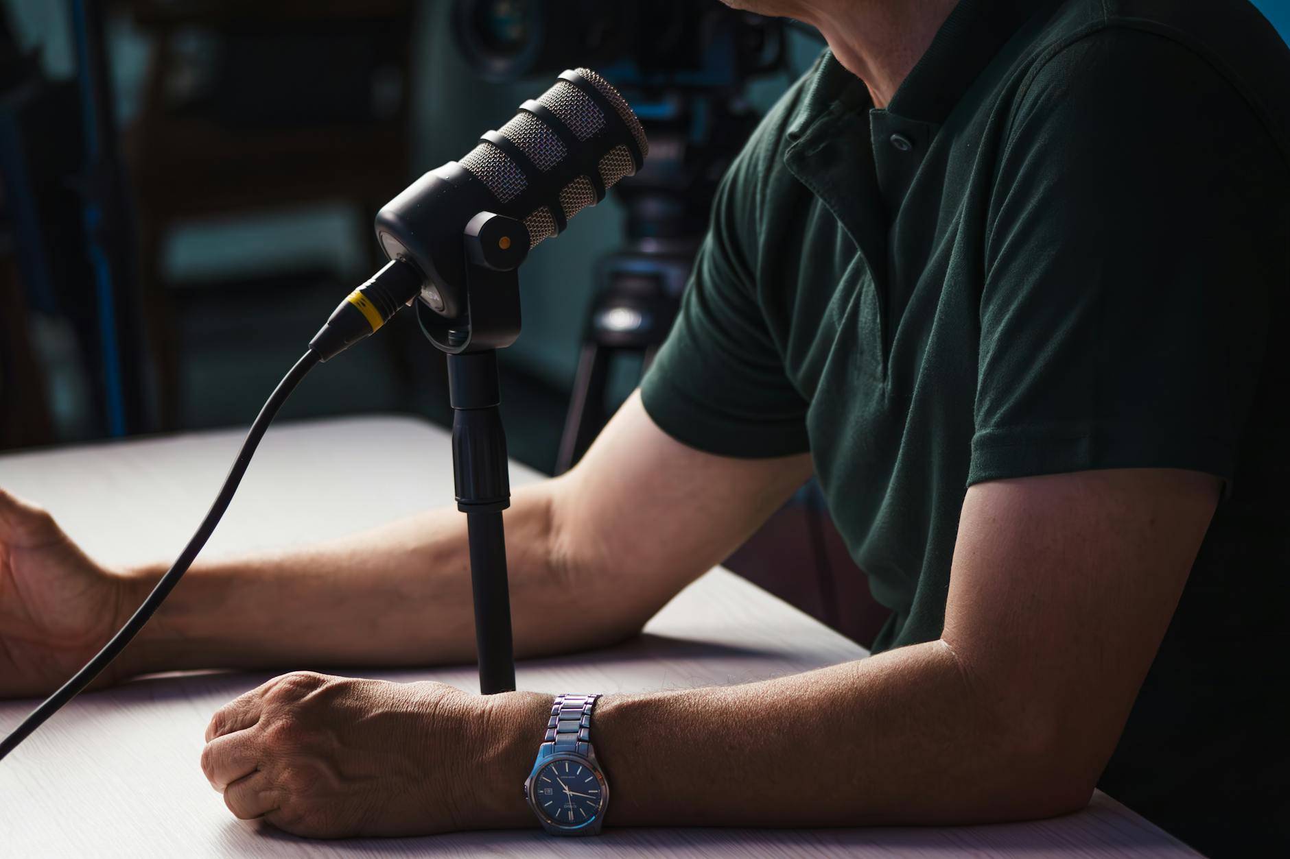 podcast recording with microphone in studio setting
